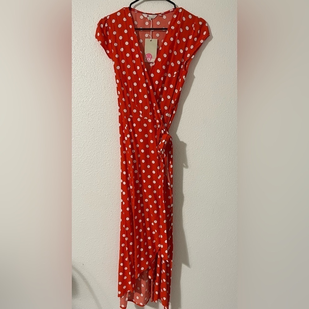 NWT Boden Antonia Polka Dot Cap Sleeve Midi Wrap Dress Blood Orange Size 6R - Picture 3 of 16